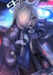  1girl animal_ear_fluff animal_ears black_gloves black_jacket black_necktie blonde_hair blue_archive blue_eyes blue_halo blue_shirt car collared_shirt extra_ears gloves gun hair_over_one_eye halo highres holding holding_gun holding_weapon jacket kanna_(blue_archive) long_hair long_sleeves motor_vehicle necktie open_clothes open_jacket open_mouth sharp_teeth shirt solo teeth weapon zombie_mogura 