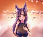  1girl absurdres animal_ear_fluff animal_ears artist_name awful_queen_(vtuber) breasts flower fox_ears fox_girl getsuluch heterochromia highres holding holding_flower indie_virtual_youtuber large_breasts long_hair looking_at_viewer monster_girl purple_hair solo virtual_youtuber 