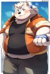  2024 absurd_res anthro belly big_belly biped black_nose blush bottomwear canid canine canis clothing cloud domestic_dog fur hi_res humanoid_hands kemono male mammal metaporin overweight overweight_male shirt shorts solo topwear white_body white_fur 