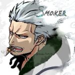  1boy 4taka_7nori_n beard_stubble character_name cigar close-up commentary_request facial_hair from_above fur-trimmed_jacket fur_trim jacket looking_at_viewer male_focus one_piece profile short_hair sideburns smoke smoker_(one_piece) solo stubble twitter_username upper_body 