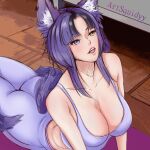  1girl absurdres animal_ear_fluff animal_ears artist_name artsquidyy awful_queen_(vtuber) breasts fox_ears fox_girl fox_tail gymnastics heterochromia highres indie_virtual_youtuber large_breasts monster_girl non-web_source open_mouth purple_hair short_hair tail 
