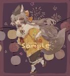  1girl :d animal_ear_fluff animal_ears artist_name bacheally border bow bowtie brown_eyes brown_hair coat collared_shirt fireworks food-themed_hair_ornament fox_girl fox_tail frilled_sleeves frills from_side full_body fur-trimmed_coat fur_trim geta hair_bow hair_ornament highres japanese_clothes kimono lantern large_tail letterboxed long_hair long_sleeves looking_at_viewer open_mouth original pants paper_lantern red_background red_border red_bow red_bowtie sample_watermark sandals shirt signature sleeveless smile socks solo squirrel_ears squirrel_tail tabi tail thick_eyebrows very_long_hair walking watermark white_shirt white_socks wide_sleeves yellow_coat zouri 