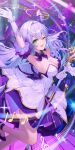  1girl absurdres aqua_eyes arm_up armpits bracelet detached_sleeves dress facial_mark gloves hair_between_eyes halo head_wings high_heels highres holding holding_staff honkai:_star_rail honkai_(series) jewelry long_hair looking_at_viewer musical_note one_eye_closed pistachiocream purple_dress purple_hair robin_(honkai:_star_rail) short_sleeves solo staff standing standing_on_one_leg two-tone_dress white_dress white_gloves wings 