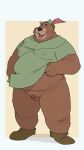  2024 9:16 anthro balls bear belly big_belly black_nose blush brown_body clothing disney genitals hat headgear headwear hi_res kemono little_john male mammal micropenis moobs overweight overweight_male penis qqmelon888 robin_hood_(disney) simple_background small_penis solo 