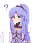 2girls ? blue_eyes blue_hair breasts capelet character_request check_character closed_mouth collarbone commentary_request dress fate/grand_order fate_(series) highres jitome long_hair medea_(lily)_(fate) medium_breasts multiple_girls nursery_rhyme_(fate) parted_bangs pointy_ears ponytail purple_dress shaded_face simple_background smile solo_focus upper_body very_long_hair white_background yuya090602 