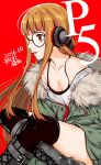  1girl ahoge behind-the-head_headphones black-framed_eyewear black_tank_top black_thighhighs boots breasts cleavage commentary_request copyright_name crossed_legs from_side fur-trimmed_jacket fur_trim glasses green_jacket headphones jacket looking_ahead mario_kaneda off_shoulder orange_hair parted_lips persona persona_5 purple_eyes red_background sakura_futaba shirt sitting small_breasts solo tank_top thighhighs thighs white_shirt 