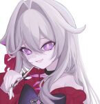  1girl :d black_choker bow bright_pupils choker empty_eyes evil_smile hair_between_eyes hair_intakes hair_over_shoulder holding holding_scissors honkai_(series) honkai_impact_3rd long_hair long_sleeves looking_at_viewer off_shoulder open_mouth pale_skin partially_shaded_face potato_258 purple_eyes red_ribbon ribbon scissors sidelocks simple_background smile solo thelema_(honkai_impact) two-tone_bow white_background white_hair white_pupils 
