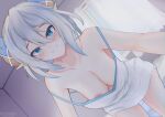  1girl absurdres areola_slip bent_over blue_eyes blush breasts chromatic_aberration curtains dragon_horns dutch_angle grey_hair highres horns indoors kiri_yukino large_breasts looking_at_viewer medium_hair navel nightgown no_bra original pointy_ears smile solo stomach strap_slip white_nightgown window yellow_pupils 
