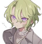  1boy bad_id bad_pixiv_id closed_mouth ensemble_stars! green_hair hair_between_eyes jewelry looking_at_viewer male_focus meremero necklace purple_eyes sad short_hair simple_background solo sweater tearing_up tears tomoe_hiyori turtleneck turtleneck_sweater upper_body white_background 