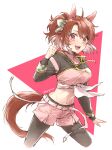  1girl :d ahoge animal_ears belt black_pantyhose breasts brown_hair clenched_hand dantsu_flame_(umamusume) ear_covers highres horse_ears horse_girl horse_tail large_breasts looking_at_viewer midriff navel pantyhose pantyhose_under_shorts pink_shorts red_eyes shorts skm_(hapigonoco) smile solo tail twitter_username umamusume umamusume:_beginning_of_a_new_era white_belt 