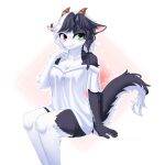  anthro black_body black_ears black_fur black_hair black_tail blush clothed clothing dragon female fluffy fluffy_hinu fluffy_tail fur furred_dragon furred_scalie green_eyes hair heterochromia hi_res horn looking_at_viewer multicolored_body multicolored_fur multicolored_hair mythological_creature mythological_scalie mythology off_shoulder rebiah_(fluffy_hinu) red_eyes scalie solo tail two_tone_body two_tone_fur two_tone_hair white_body white_ears white_fur white_hair white_tail 