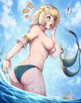  ! 1girl accidental_exposure ass bikini blonde_hair blue_bikini blue_eyes blush breasts breasts_out dimples_of_venus earrings embarrassed evomanaphy feh_(fire_emblem_heroes) fire_emblem fire_emblem_heroes fjorm_(fire_emblem) fjorm_(summer)_(fire_emblem) flower_hairband highres jewelry medium_breasts nipples ocean official_alternate_costume outdoors solo speech_bubble spoken_exclamation_mark surprised swimsuit wardrobe_malfunction 