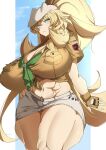  1girl abs barghest_(fate) barghest_(swimsuit_archer)_(fate) barghest_(swimsuit_archer)_(first_ascension)_(fate) biceps blonde_hair breasts cleavage fate/grand_order fate_(series) fingerless_gloves gloves green_eyes grey_hat grey_skirt hat high_ponytail highres huge_breasts long_hair looking_at_viewer midriff miniskirt muscular muscular_female navel neckerchief pencil_skirt ri_o_ne_su shirt short_sleeves sidelocks skirt solo thick_thighs thighs tied_shirt yellow_gloves yellow_shirt 