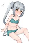  1girl absurdres bikini bikini_skirt brown_eyes dated feet_out_of_frame green_bikini grey_hair hair_ribbon highres kantai_collection kasumi_(kancolle) kasumi_kai_ni_(kancolle) kasumi_kai_ni_(swimsuit_mode)_(kancolle) long_hair maru_(marg0613) official_alternate_costume one-hour_drawing_challenge ribbon side_ponytail simple_background sitting solo swimsuit twitter_username white_background 