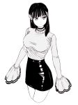  1girl bad_id bad_pixiv_id black_hair black_skirt breasts closed_mouth dende_(dndn222) earrings greyscale hair_behind_ear high-waist_skirt highres jewelry large_breasts light_smile long_hair long_sleeves looking_to_the_side monochrome original scan scan_artifacts shirt skirt sleeves_past_fingers sleeves_past_wrists solo standing traditional_media turtleneck 