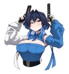  1girl black_pants blue_eyes blue_hair blue_necktie blue_shirt breasts cleavage_cutout clothing_cutout collared_shirt detached_sleeves dual_wielding english_commentary gloves gun hair_intakes handgun holding holding_gun holding_weapon hololive hololive_english large_breasts long_hair necktie ouro_kronii ouro_kronii_(4th_costume) pants ryou_sakai shirt shirt_tucked_in short_necktie simple_background sleeveless sleeveless_shirt smile solo upper_body virtual_youtuber weapon white_background white_gloves 