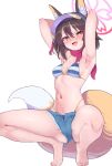  1girl absurdres animal_ear_fluff animal_ears armpits ass barefoot bikini black_hair blue_archive blue_shorts blush breasts cleavage commission eyeshadow fox_ears fox_tail hair_between_eyes halo highres izuna_(blue_archive) izuna_(swimsuit)_(blue_archive) looking_at_viewer makeup medium_breasts medium_hair navel official_alternate_costume open_mouth pink_halo red_eyeshadow short_sleeves shorts simple_background skeb_commission smile solo striped_bikini striped_clothes sutora_binsuke swimsuit tail toes white_background yellow_eyes 