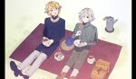  2boys basket black_eyes blonde_hair brothers cake cake_slice cup dungeon_meshi eating elf food fork grey_eyes grey_hair half-siblings holding holding_cup holding_plate kabe_piko long_sleeves male_focus mithrun mithrun&#039;s_brother multiple_boys notched_ear one_eye_closed picnic picnic_basket picnic_blanket plate pointy_ears short_hair siblings sitting thermos 