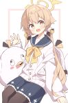  blonde_hair blue_archive halo hifumi_(blue_archive) highres low_twintails open_mouth peroro_(blue_archive) pleated_skirt ryoku_sui school_uniform serafuku skirt stuffed_animal stuffed_bird stuffed_toy twintails white_background wing_hair_ornament yellow_eyes yellow_halo 