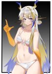  1girl absurdres alternate_costume arknights arm_behind_back bikini black_background blonde_hair blue_hair blue_horns border breasts chinese_commentary closed_mouth collarbone colored_extremities commentary_request contrapposto cowboy_shot dragon_girl dragon_horns earrings gradient_background grey_background grey_eyes grey_horns groin hair_intakes hand_up highres horns index_finger_raised jewelry long_hair medium_breasts multicolored_hair muusn navel necklace outside_border pink_pupils pointy_ears shu_(arknights) smile solo split_mouth standing stomach swimsuit white_bikini white_border white_hair yellow_horns 