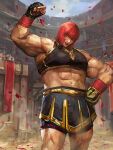  1girl abs arena arm_up bike_shorts bike_shorts_under_skirt black_skirt black_sports_bra clenched_hand fingerless_gloves gloves grin highres marisa_(street_fighter) miche midriff muscular muscular_female petals red_hair skirt smile solo sports_bra standing street_fighter street_fighter_6 