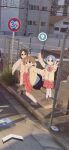  3girls \n/ absurdres arrow_(symbol) black_eyes black_hair blue_eyes blue_hair brown_eyes brown_footwear brown_hair closed_mouth delatoid double_v fence glasses high_school_girls_posing_for_google_street_view_(meme) highres jacket jitome leg_up long_hair meme minakami_mai multiple_girls nichijou open_clothes open_jacket outdoors photo_background plaid plaid_skirt pleated_skirt red_ribbon red_skirt ribbon road_sign school_uniform serafuku short_hair short_twintails sign skirt smile socks teeth tokisadame_school_uniform twintails v white_jacket white_socks yellow_serafuku 