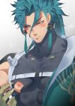  1boy aqua_hair black_shirt blush character_request closed_mouth earrings haiki_(tegusu) highres jewelry large_pectorals long_hair male_focus muscular muscular_male nipples pectorals shirt simple_background solo torn_clothes wuthering_waves yellow_eyes 
