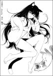  1girl ;o animal animal_ear_fluff animal_ears bare_legs barefoot cat cat_ears cat_girl cat_tail collared_shirt copyright_request dress_shirt full_body greyscale hair_between_eyes hand_up haneru highres hugging_object long_hair long_sleeves lying monochrome navel on_side one_eye_closed panties parted_lips pillow pillow_hug shirt simple_background solo tail translation_request underwear very_long_hair white_background 