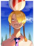  1boy balloon blonde_hair blue_eyes blue_sky cigarette close-up commentary_request curly_eyebrows hair_over_one_eye highres liqueur_shika looking_up male_focus necktie one_piece purple_necktie sanji_(one_piece) short_hair sky smoke solo sweatdrop upper_body wing_collar 