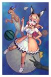  1girl animal animal_ears belt blue_eyes bow bowtie caracal caracal_(kemono_friends) cat_ears cat_girl cat_tail elbow_gloves extra_ears food fruit gloves highres kemono_friends kemono_friends_v_project long_hair looking_at_viewer magmagma97 microphone moon orange_hair shirt shoes skirt sleeveless sleeveless_shirt space tail thighhighs virtual_youtuber watermelon 