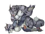  abdominal_bulge angry ankle_wraps anthro balls canid canine canis clenched_teeth duo felid forced from_behind_position genitals hand_on_head hi_res holding_head holding_leg horn humanoid_genitalia humanoid_penis hybrid_genitalia hybrid_penis kneeling leg_glider_position lying male male/male mammal muscular nipples on_front one_leg_up pain pantherine penis raised_leg rape sewind sex simple_background teeth tiger wolf 