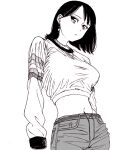  1girl bad_id bad_pixiv_id belt black_hair breasts closed_mouth crop_top dende_(dndn222) earrings greyscale highres jewelry large_breasts long_sleeves looking_at_viewer monochrome navel necklace original pants scan scan_artifacts shirt short_hair solo standing stomach traditional_media 