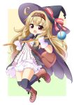  1girl bag bandaid bandaid_on_knee bandaid_on_leg blonde_hair bloomers boots cloak commentary full_body gloves hat highres knapsack kneehighs little_witch_nobeta long_hair nobeta pila-pela satchel socks solo wand witch witch_hat 