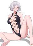  1girl absurdres bare_shoulders barefoot black_one-piece_swimsuit blush breasts cameltoe collarbone cross-laced_clothes cross-laced_one-piece_swimsuit fate/grand_order fate_(series) grey_eyes grey_hair highres jacques_de_molay_(foreigner)_(fate) kuon_bb nail_polish navel one-piece_swimsuit parted_lips shadow short_hair slit_pupils smile soles solo swimsuit toenail_polish toenails toes yellow_nails 