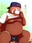  2024 ailurid anthro belly big_belly blush bottomwear clothed clothing hat headgear headwear hi_res japanese_text kan_kan_kanzaki kemono male mammal moobs navel nipples outside overweight overweight_male raised_clothing raised_shirt raised_topwear red_panda shirt shorts sitting solo text topwear 