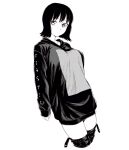 1girl bad_id bad_pixiv_id black_hair boots breasts closed_mouth clothes_writing collarbone dende_(dndn222) greyscale highres large_breasts long_sleeves looking_at_viewer monochrome original scan scan_artifacts short_hair solo standing sweater thigh_boots traditional_media 