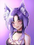  1girl animal_ear_fluff animal_ears artist_name awful_queen_(vtuber) black_choker blush breasts choker fox_ears fox_girl highres indie_virtual_youtuber large_breasts looking_at_viewer monster_girl one_eye_closed open_mouth purple_hair rorichi short_hair 
