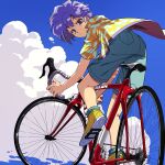  1990s_(style) 1girl androgynous aqua_shorts aqua_socks bicycle blue_sky brown_eyes closed_mouth cloud collared_jacket curtained_hair day denim denim_shorts floating_clothes from_behind highres jacket knee_up leaf_print leaning leaning_forward light_frown looking_back open_clothes open_jacket original outdoors perspective pocket purple_trim raised_eyebrows retro_artstyle riding riding_bicycle shoe_soles short-sleeved_jacket short_hair short_sleeves shorts sky socks solo sunlight tomboy yellow_footwear yellow_jacket yo-co 