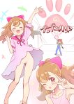  1girl :3 absurdres arm_up barefoot blush bow brown_hair chestnut_mouth cleft_of_venus closed_eyes dress hair_bow highres inukai_komugi magic multicolored_hair no_panties one_eye_closed paw_print pink_bow pink_dress ponytail precure pussy red_eyes solo sparkle tenjou_ryuka v v_over_eye waving white_background wonderful_precure! 