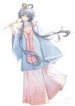  1girl absurdres alternate_costume chinese_clothes closed_mouth commentary_request commission dress floral_print flower full_body green_eyes grey_hair hair_between_eyes hair_flower hair_ornament hair_rings hand_fan hand_up hanfu highres holding holding_fan long_hair long_sleeves looking_at_viewer low_twintails luo_tianyi paper_fan pink_dress senchuan_zhi shawl simple_background sleeves_past_fingers sleeves_past_wrists smile solo standing twintails uchiwa very_long_hair vocaloid vsinger white_background wide_sleeves yunjian 