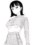  1girl bad_id bad_pixiv_id black_hair breasts closed_mouth crop_top dende_(dndn222) earrings greyscale hair_behind_ear high-waist_pants highres jewelry large_breasts long_sleeves looking_at_viewer medium_hair monochrome original pants scan scan_artifacts shirt solo standing traditional_media underboob 