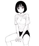  1girl bad_id bad_pixiv_id black_hair black_shorts breasts closed_mouth clothes_writing collarbone dende_(dndn222) facing_viewer greyscale highres kneehighs large_breasts looking_at_viewer monochrome original scan scan_artifacts shirt short_hair short_sleeves shorts sitting socks solo traditional_media white_shirt 