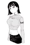  1girl bad_id bad_pixiv_id belt black_hair black_pants breasts closed_mouth crop_top dende_(dndn222) earrings greyscale hair_behind_ear highres jewelry large_breasts long_sleeves looking_at_viewer monochrome navel original pants scan scan_artifacts shirt short_hair solo standing stomach traditional_media turtleneck 