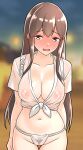  1girl akagi_(kancolle) alternate_costume blurry blurry_background blush breasts brown_eyes brown_hair covered_nipples embarrassed female_pubic_hair front-tie_top full-face_blush fundoshi furaggu_(frag_0416) hair_between_eyes highres japanese_clothes kantai_collection large_breasts long_hair mizu_happi navel pubic_hair see-through sidelocks solo standing straight_hair very_long_hair 