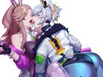  absurdres battle_bunny_miss_fortune battle_bunny_riven commission highres kiss kumiko_shiba league_of_legends leaning_back leaning_forward looking_at_viewer miss_fortune_(league_of_legends) one_eye_closed pixiv_commission riven_(league_of_legends) saliva saliva_drip tongue tongue_out white_background white_hair 