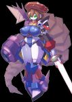  1girl arm_cannon armor black_background blue_leotard breasts brown_hair colonel_(mega_man) colored_skin covered_navel covered_nipples energy_sword full_body fusion green_eyes highres holding holding_sword holding_weapon humanoid_robot iris_(mega_man) large_breasts leotard long_hair mechanical_wings mega_man_(series) mega_man_x4 mega_man_x_(series) power_armor purple_armor robot robot_girl shoulder_armor simple_background single_wing sword t-t_u2 weapon white_skin wings 