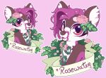 2024 accessory anthro banner brown_body brown_fur character_name cutepencilcase daisy_(flower) deer female flower flower_in_hair fur hair hair_accessory hi_res leaf mammal markings open_mouth open_smile outline pink_background plant purple_body purple_fur purple_hair rosewater_(sugi) simple_background smile solo sparkles sparkling_eyes white_outline