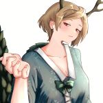  1girl absurdres antlers blonde_hair blue_shirt dragon_girl dragon_horns dragon_tail green_scales green_tail highres horns kicchou_yachie mesuosushi monster_girl red_eyes scales shirt short_hair tail touhou turtle_shell yellow_horns 