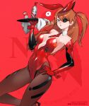  1girl blue_eyes cesar_art456 detached_collar detached_sleeves eyepatch hand_on_own_hip highres holding holding_tray long_hair looking_at_viewer necktie neon_genesis_evangelion open_mouth playboy_bunny red_background simple_background solo souryuu_asuka_langley tray wrist_cuffs 