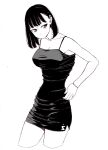  1girl bad_id bad_pixiv_id black_dress black_hair breasts cleavage closed_mouth collarbone dende_(dndn222) dress earrings greyscale hair_behind_ear highres jewelry large_breasts looking_at_viewer monochrome original scan scan_artifacts shirt short_hair solo standing traditional_media 